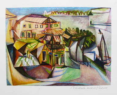 Picasso CAFE AT ROYAN Estate Signed Limited Edition Giclee: This is a PABLO PICASSO (ESTATE COLLECTION DOMAINE) (1881-1973) small giclee titled “CAFE AT ROYAN”. This piece is pencil signed on the lower right as ‘Collection Domaine Picassoâ��