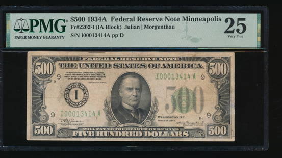 1934A $500 Minneapolis FRN PMG 25: One 1934A $500 Minneapolis FRN PMG 25.