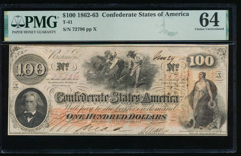1862-63 $100 T-41 Confederate PMG 64: One 1862-63 $100 T-41 Confederate PMG 64.