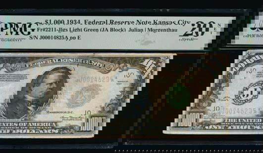1934 $1000 Kansas City FRN PMG 20NET: One 1934 $1000 Kansas City FRN PMG 20NET.