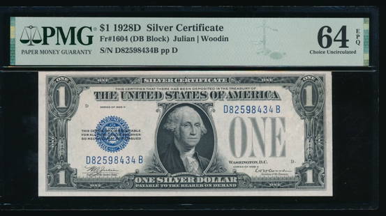 1928D $1 Silver Certificate PMG 64EPQ: One 1928D $1 Silver Certificate PMG 64EPQ.