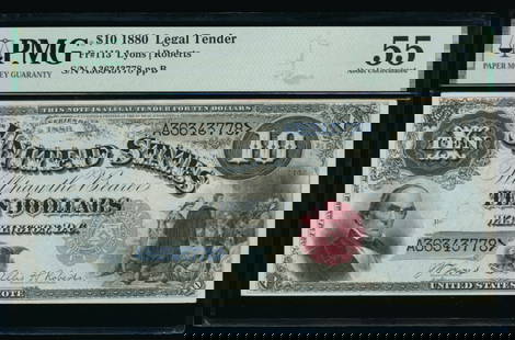 1880 $10 Jackass Legal Tender Note PMG 55: One 1880 $10 Jackass Legal Tender Note PMG 55.
