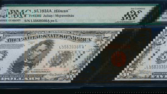 1934A $5 Hawaii FRN PMG 66: One 1934A $5 Hawaii FRN PMG 66.