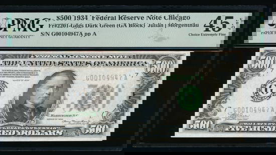 1934 $500 Chicago FRN PMG 45EPQ: One 1934 $500 Chicago FRN PMG 45EPQ.