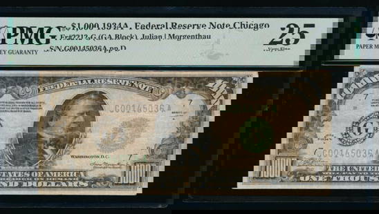 1934A $1000 Chicago FRN PMG 25: One 1934A $1000 Chicago FRN PMG 25.