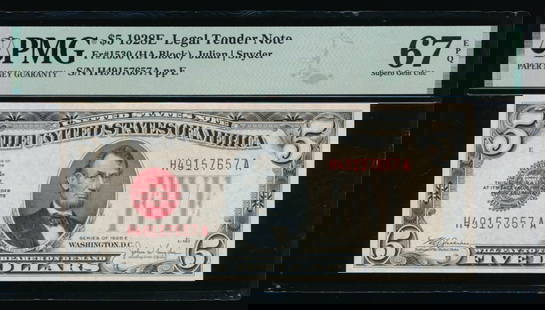 1928E $5 Legal Tender Note PMG 67EPQ: One 1928E $5 Legal Tender Note PMG 67EPQ.