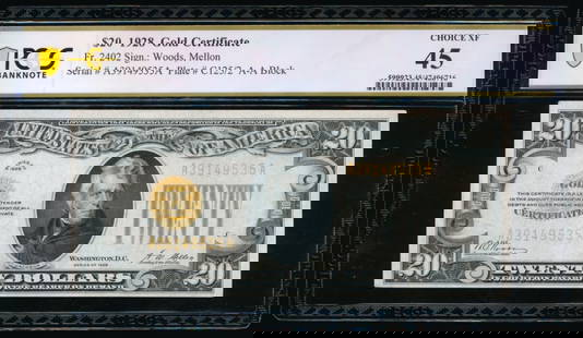 1928 $20 Gold Certificate PCGS 45: One 1928 $20 Gold Certificate PCGS 45.