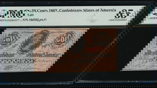 50 Cent 1863 T-63 Confederate PMG 65EPQ: One 50 Cent 1863 T-63 Confederate PMG 65EPQ.