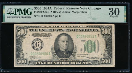 1934A $500 Chicago FRN PMG 30: One 1934A $500 Chicago FRN PMG 30.