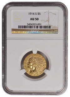 1914-S $5 Indian Head Half Eagle Gold Coin NGC AU50: One 1914-S $5 Indian Head Half Eagle Gold Coin NGC AU50.