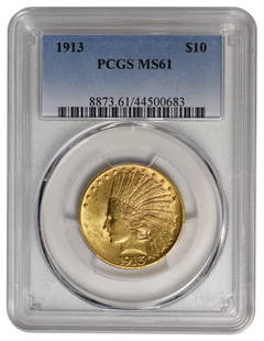 1913 $10 Indian Head Eagle Gold Coin PCGS MS61: One 1913 $10 Indian Head Eagle Gold Coin PCGS MS61.