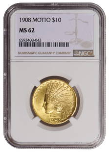 1908 $10 Indian Head Eagle Gold Coin NGC MS62: One 1908 $10 Indian Head Eagle Gold Coin NGC MS62.