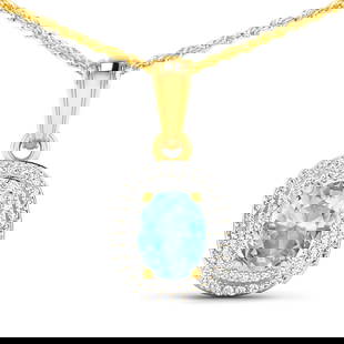14KT Yellow Gold 0.96ct Aquamarine and Diamond Pendant with Chain: (1) Oval Aquamarine stone with a total weight of 0.96cts. (58) round Diamonds with a total weight of 0.26cts with a color of (i) and a clarity of i1-i2. Total weight of this pendant with chain is 2.77