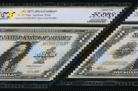 1923 $1 Silver Certificate PCGS 55PPQ: One 1923 $1 Silver Certificate PCGS 55PPQ.