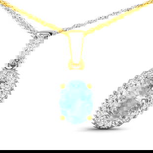 14KT Yellow Gold 0.96ct Aquamarine and Diamond Pendant with Chain: 1 Aquamarine stone with a total weight of 0.96cts. Aquamarine (AA+) Oval 8x6mm - 1Pc + White Diamond F/C Round 1.20mm - 22Pcs + White Diamond F/C Round 1.10mm - 1Pc ( I1-I2/I color ). Diamonds with a