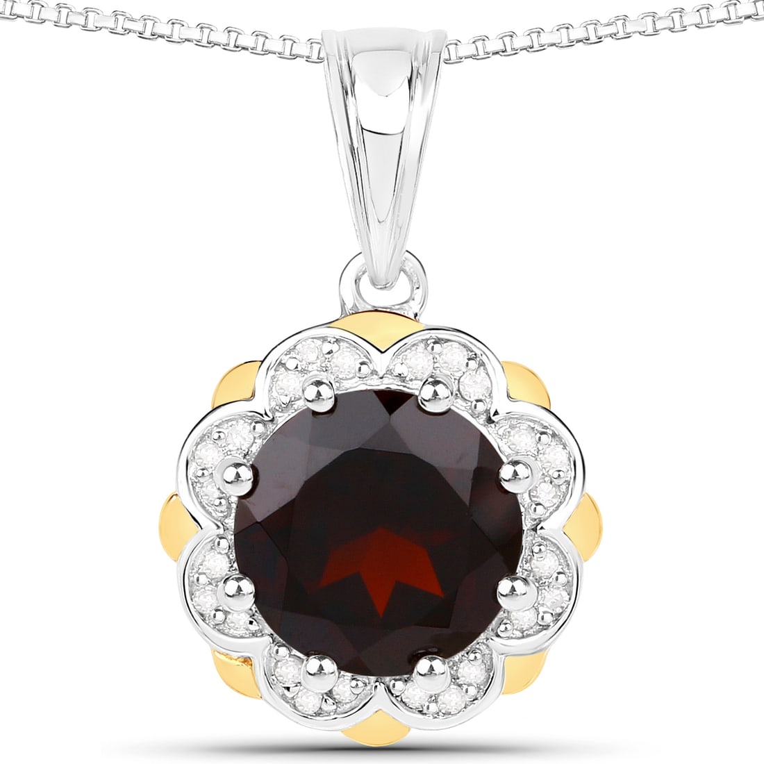 Plated Rhodium 2.25ct Garnet and Diamond Pendant with Chain: 2.32 Carat Genuine Garnet and White Diamond 14K Yellow Gold with.925 Sterling Silver Pendant. Garnet Round/8.00mm - 1/2.25 ctw Prong Setting Natural Not Treated N + White Diamond Round/0.80mm - 24/0.0