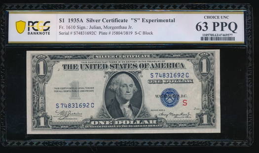 1935A $1 Experimental S Silver Certificate PCGS 63PPQ: One 1935A $1 Experimental S Silver Certificate PCGS 63PPQ.