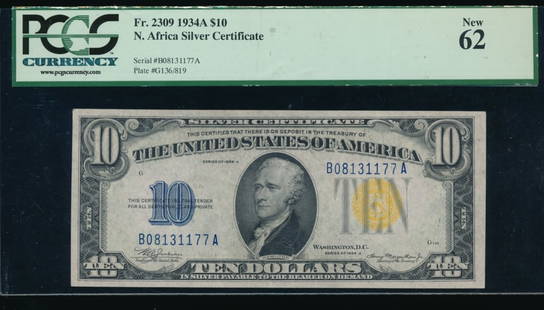 1934A $10 N Africa Silver Certificate PCGS 62: One 1934A $10 N Africa Silver Certificate PCGS 62.