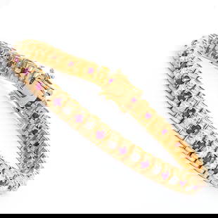Plated 18KT Yellow Gold 2.50ctw Ruby and Diamond Bracelet: One Plated 18KT Yellow Gold 2.50ctw Ruby and Diamond Bracelet. (27) Rubies with a total weight of 2.50cts. Diamonds with a total weight of 0.015cts with a color of I-J and clarity of I-3. Total weight