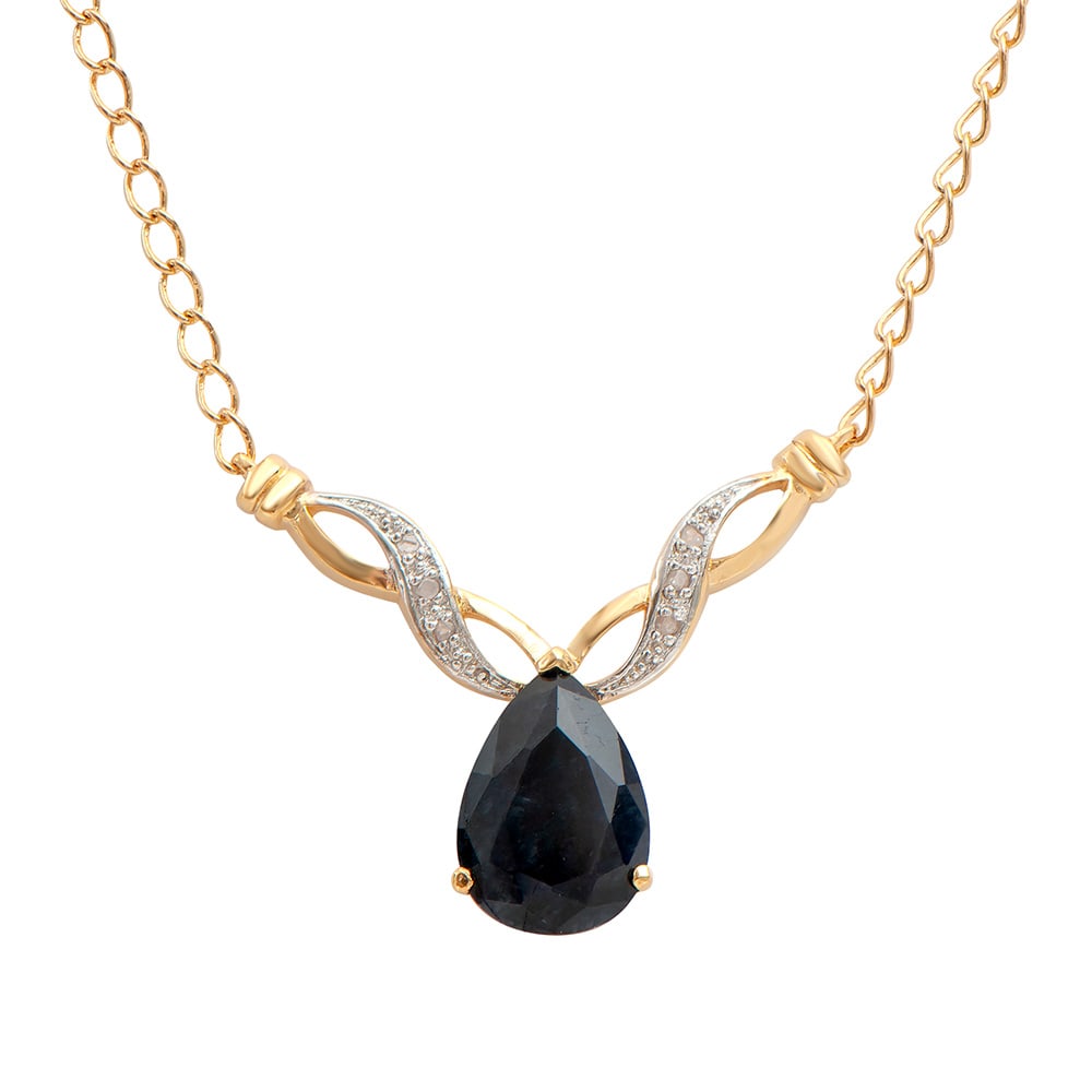 Plated 18KT Yellow Gold 6.05ct Black Sapphire and Diamond Pendant with Chain: One Plated 18KT Yellow Gold 6.05ct Black Sapphire and Diamond Pendant with Chain. 1 piece of Pear shape Black Sapphire measuring 14x10mm with a total weight of 6.05cts. Diamonds with a total weight of