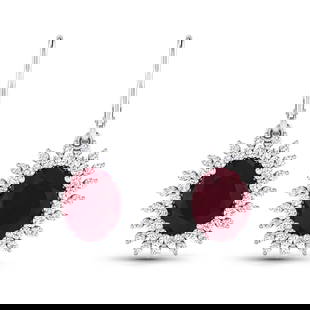 14KT White Gold 4.60ctw Ruby and Diamond Earrings: (2) Rubies with a total weight of 4.60cts. Ruby (AA) Oval 9x7mm - 2Pcs + White Diamond F/C Round 1.50mm - 38Pcs + White Diamond F/C Round 1.20mm - 38Pcs ( Diamond Quality : SI-2/HI ) ( Lever Back ). D