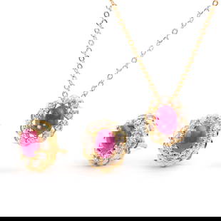Plated 18KT Yellow Gold 2.80ctw Ruby and Diamond Pendant with Chain and Earrings: One Plated 18KT Yellow Gold 2.80ctw Ruby and Diamond Pendant with Chain and Earrings. (1) Ruby with a total weight of 1.50cts. (2) Rubies with a total weight of 1.30cts. (32) Diamonds with a total wei