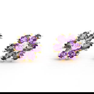 Plated 18KT Yellow Gold 1.92cts Amethyst and Diamond Earrings: One pair of Plated 18KT Yellow Gold 1.92cts Amethyst and Diamonds Earrings. (12) Violet Amethyst stones with a total weight of 1.9cts. (2) diamonds with a total of 0.02cts with a color of H-I and clar