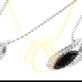 Plated 18KT Yellow Gold 6.00ct Black Sapphire and Diamond Pendant with Chain: One Plated 18KT Yellow Gold 6.00ct Black Sapphire and Diamond Pendant with Chain. (1) Black Sapphire with a total weight of 6.00cts. (16) Diamonds with a total weight of 0.12cts with a color of I-J an