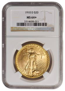 1910-D $20 St Gaudens Double Eagle Gold Coin NGC MS 64+: One 1910-D $20 St Gaudens Double Eagle Gold Coin NGC MS 64+.