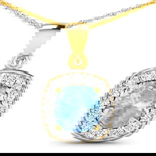 14KT Yellow Gold 1.70ct Aquamarine and Diamond Pendant with Chain: 1 Cushion cut Aquamarine stone with a total weight of 1.70cts. Aquamarine Cushion 8.00mm - 1Pc + White Diamond F/C Round 2.00mm - 16Pcs ( Diamond Quality : SI-2/HI ). Diamonds with a total weight of 0
