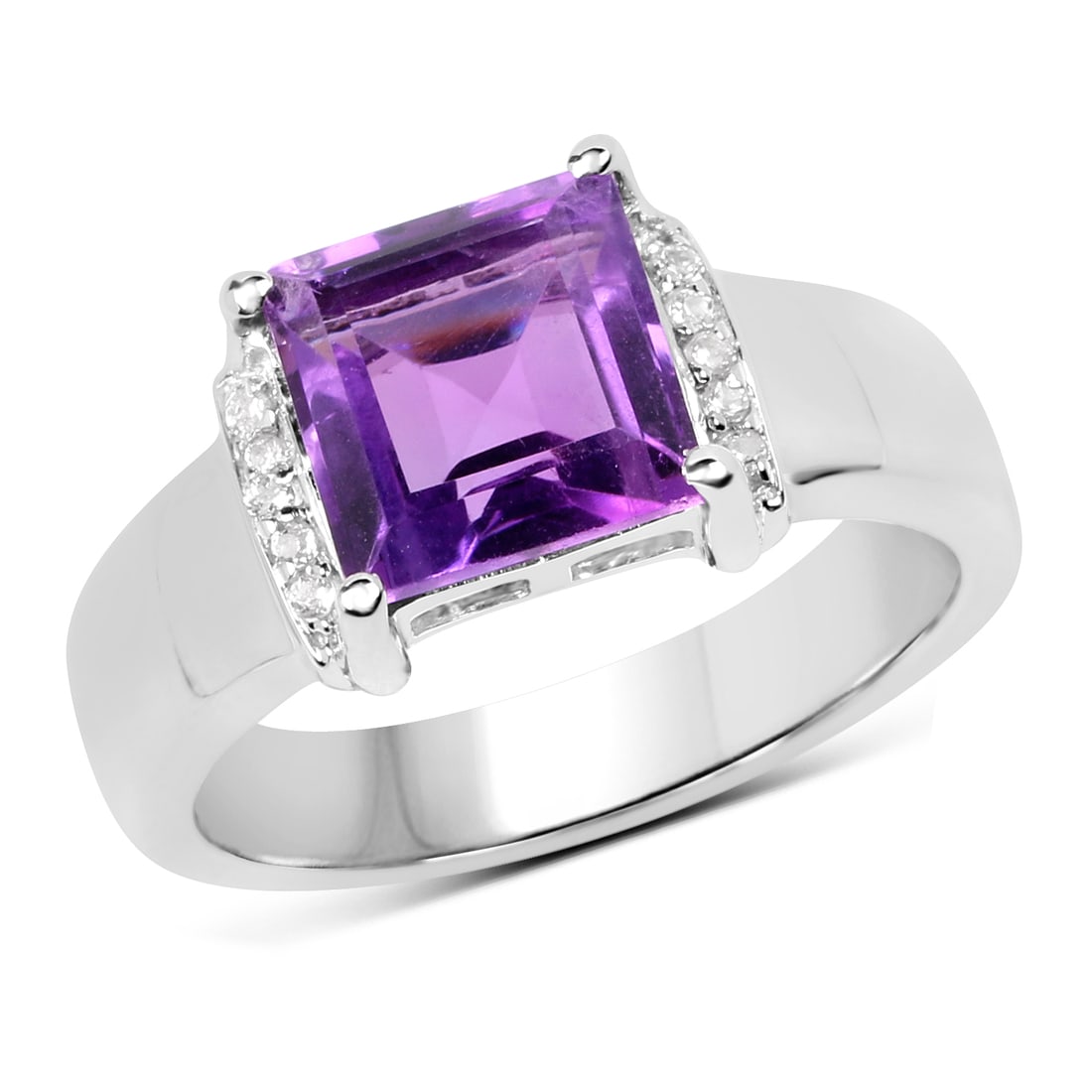 Plated Rhodium 2.5ct Amethyst and White Topaz Ring: 2.50 Carat Genuine Amethyst and White Topaz .925 Sterling Silver Ring. Amethyst Square/8.00mm - 1/2.50 ctw Natural Not Treated E + White Topaz Round/1.00mm - 10/0.05 ctw Natural Heat Treated C. Total 