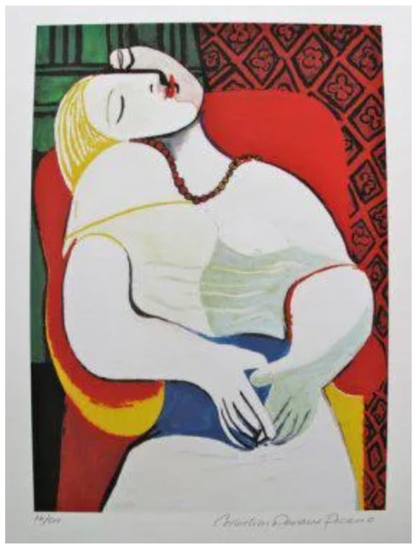 The Dream Estate Giclee: The Dream Estate Giclee by Pablo Picasso. This piece is hand pencil signed on the lower right as 'Collection Domaine Picasso' and has an embossed seal stamped by the Picasso Estate. Pencil numbered fr