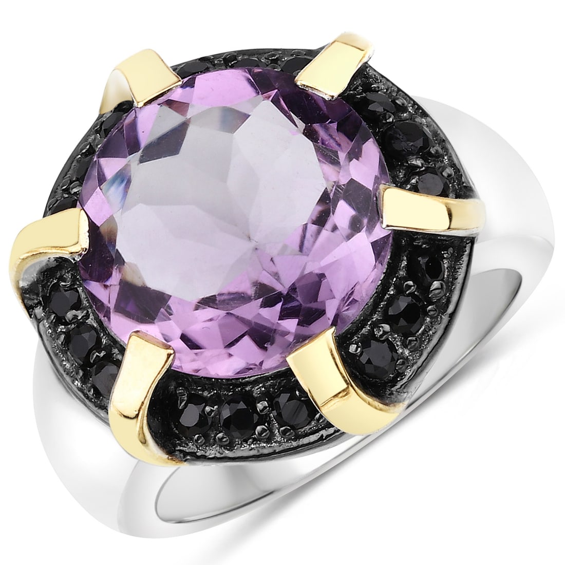 Plated Rhodium 6.56ct Amethyst and Black Spinel Ring: 7.23 Carat Genuine Amethyst and Black Spinel.925 Sterling Silver Ring. Amethyst Round/13.00mm - 1/6.56 ctw Prong Setting Natural Not Treated E + Black Spinel Round/1.80mm - 18/0.67 ctw Natural Not Tre