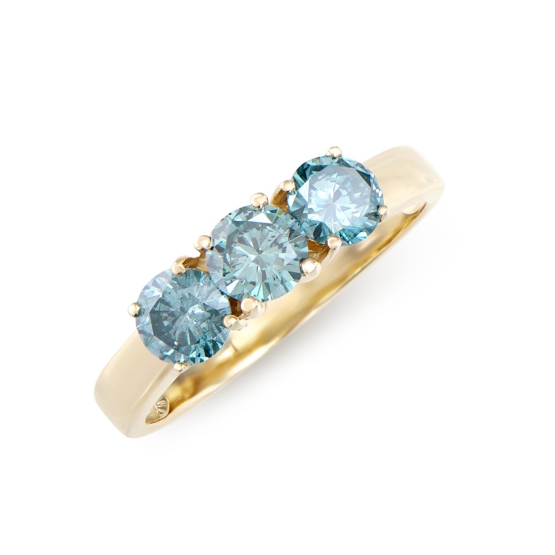 14KT Yellow Gold 1.26ctw Blue Diamond Ring: (3) round Blue Diamonds with a total weight of 1.26cts with a color of Blue and clarity of I1-I2. Total weight of this ring is 2.3 grams. Ring size is 7.5.