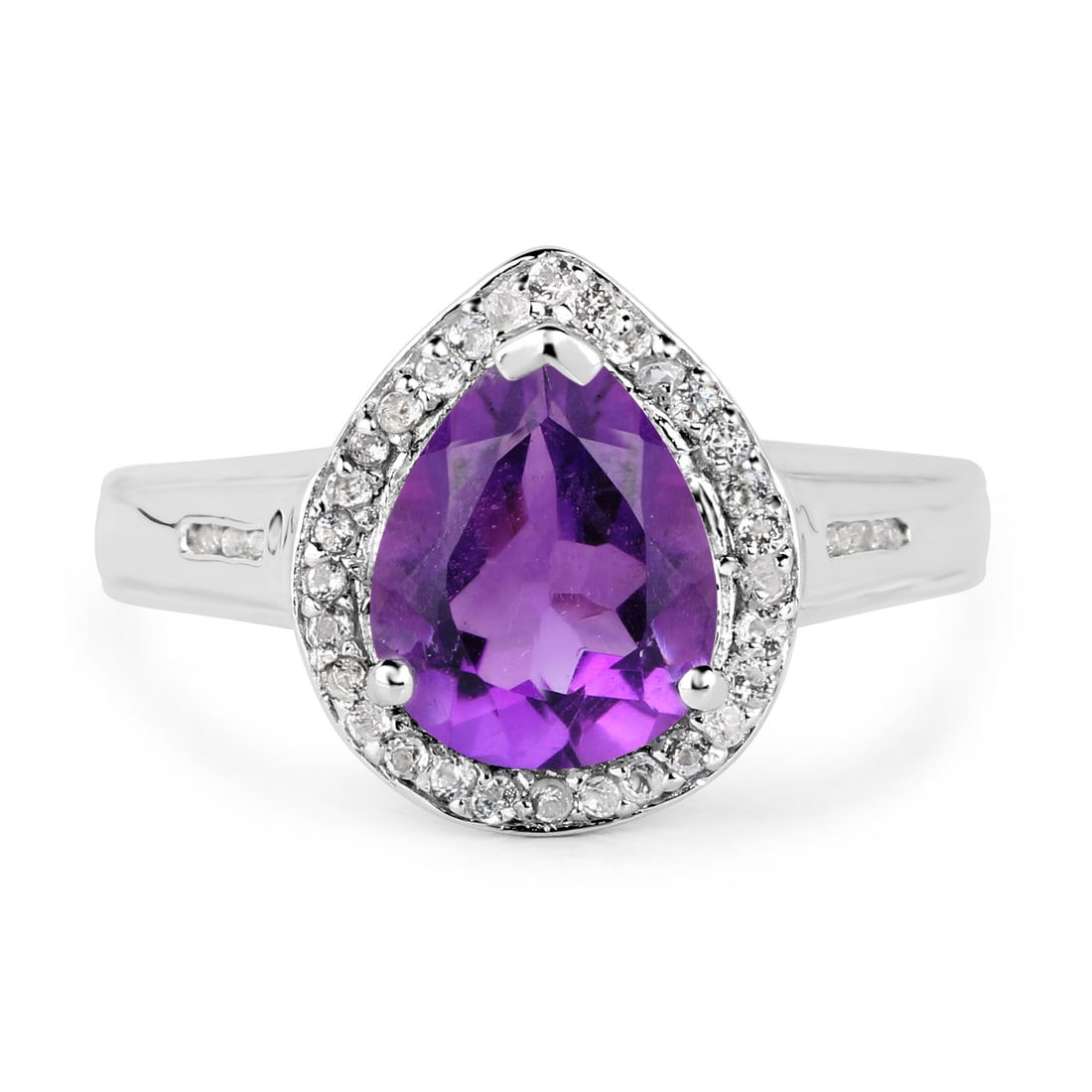 Plated Rhodium 1.45ct Amethyst and White Topaz Ring: 1.45 Carat Genuine Amethyst and White Topaz .925 Sterling Silver Ring. Amethyst Pear/10x8mm - 1/1.45 ctw Natural Not Treated E + White Topaz Round/1.10mm - 36/0.32 ctw Natural Heat Treated C. Total we
