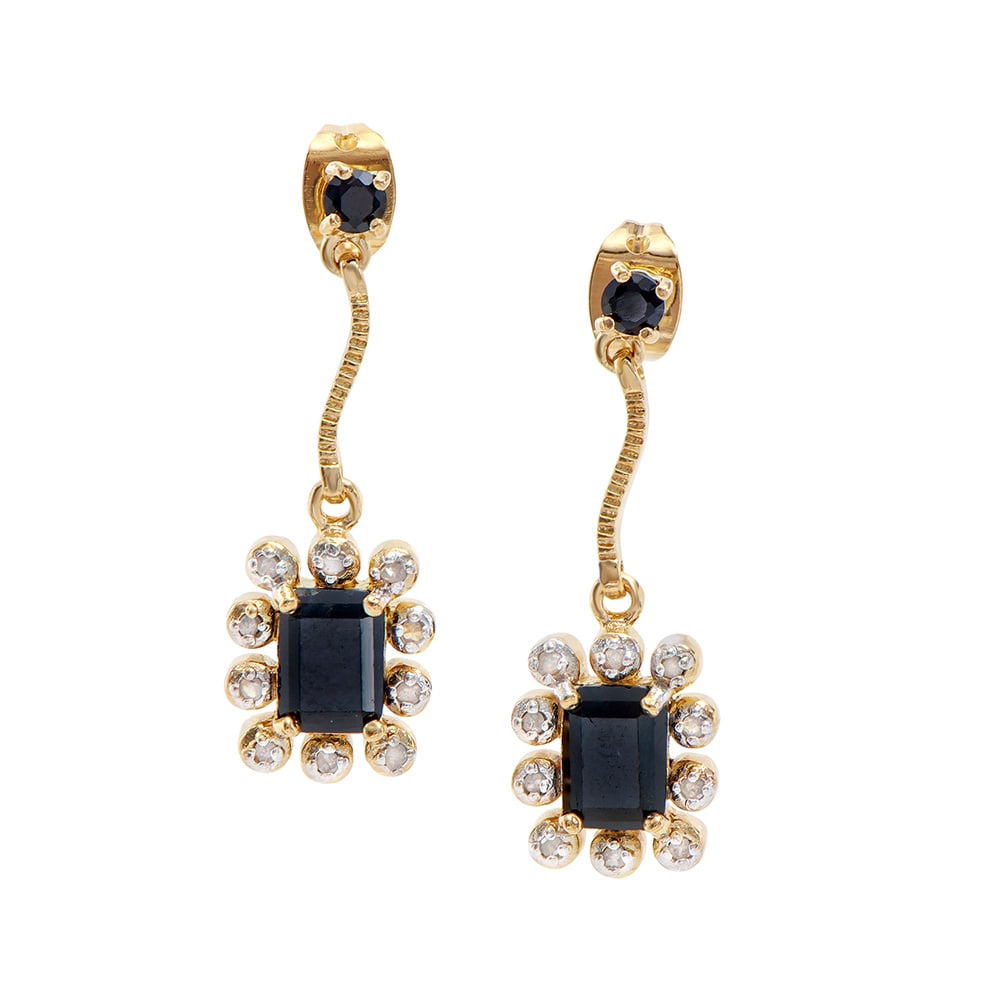 Plated 18KT Yellow Gold 2.05ctw Black Sapphire and Diamond Earrings: One Plated 18KT Yellow Gold 2.05ctw Black Sapphire and Diamond Earrings. Black Sapphires with a total weight of 2.05cts. (20) round Diamonds measuring 1.1mm. Total weight of these are earrings are 2.7