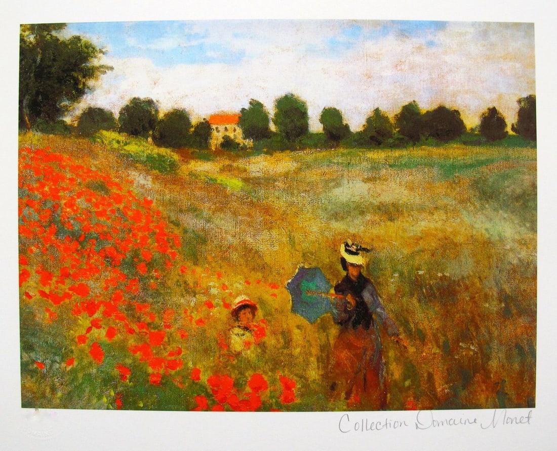 Claude Monet POPPIES NEAR ARGENTEUIL Estate Signed Giclee: This is a CLAUDE MONET (ESTATE COLLECTION DOMAINE) giclee titled “POPPIES NEAR ARGENTEUIL”. This piece is pencil signed on the lower right as ‘Collection Domaine Monet’ and has an embossed