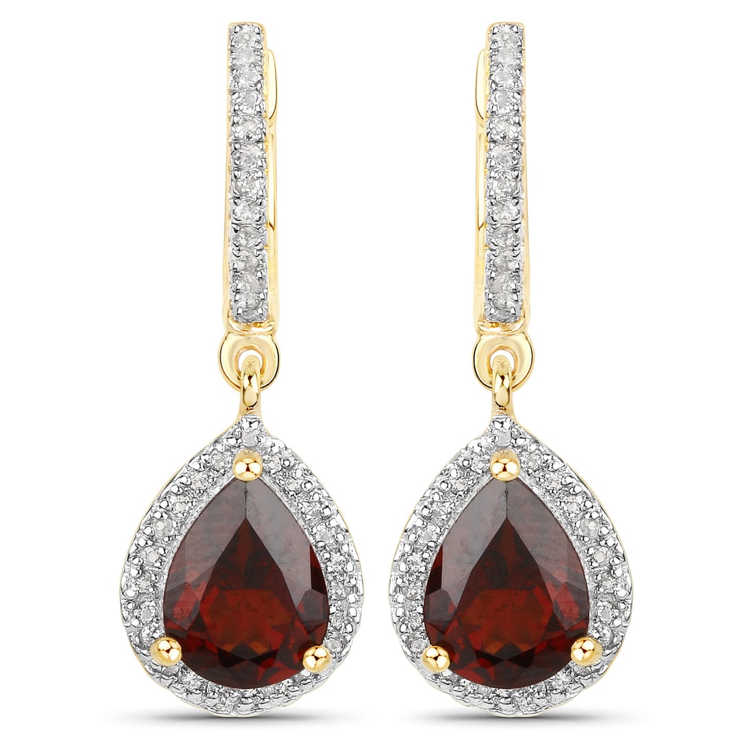 Plated 18KT Yellow Gold 2.60ctw Garnet and White Topaz Earrings: 18K Yellow Gold Plated 2.89 Carat Genuine Garnet and White Topaz.925 Sterling Silver Earrings. Garnet Pear/8x6mm - 2/2.60 ctw Prong Setting Natural Not Treated N + White Topaz Round/0.90mm - 72/0.29 c