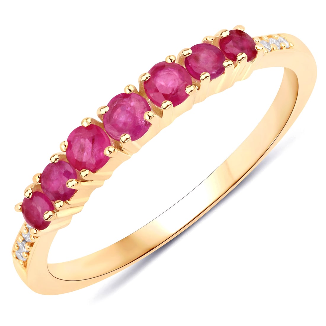 14KT Yellow Gold 0.45ctw Ruby and White Diamond Ring: Ruby Round/2.60mm - 1/0.08 ctw Prong Setting Natural Heat Treated F + Ruby Round/2.40mm - 2/0.14 ctw Natural Heat Treated F + Ruby Round/2.20mm - 2/0.12 ctw Natural Heat Treated F + Ruby Round/2.00mm