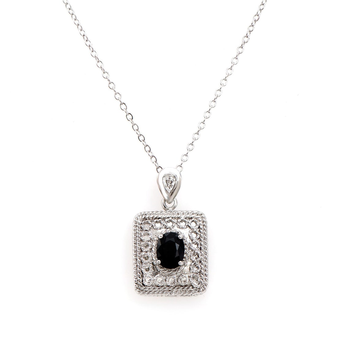 Plated Rhodium 1.53ct Black Sapphire and Diamond Pendant with Chain: One Plated Rhodium 1.53ct Black Sapphire and Diamond Pendant with Chain. (1) Black Sapphire with a total weight of 1.53cts. (1) diamond with a total of 0.01cts with a color of H-I and clarity of I-3. 
