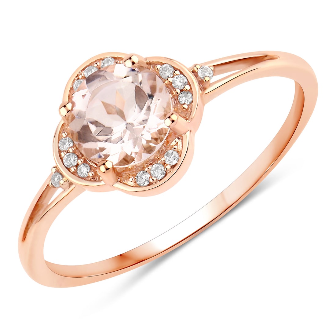 10KT Rose Gold 0.74ctw Morganite and White Diamond Ring: Morganite Round/6.00mm - 1/0.70 ctw Prong Setting Natural Irradiated E + White Diamond Round/0.80mm - 14/0.04 ctw Natural Not Treated N H-I I1. Ring size 7. Total weight of 1.5 grams.