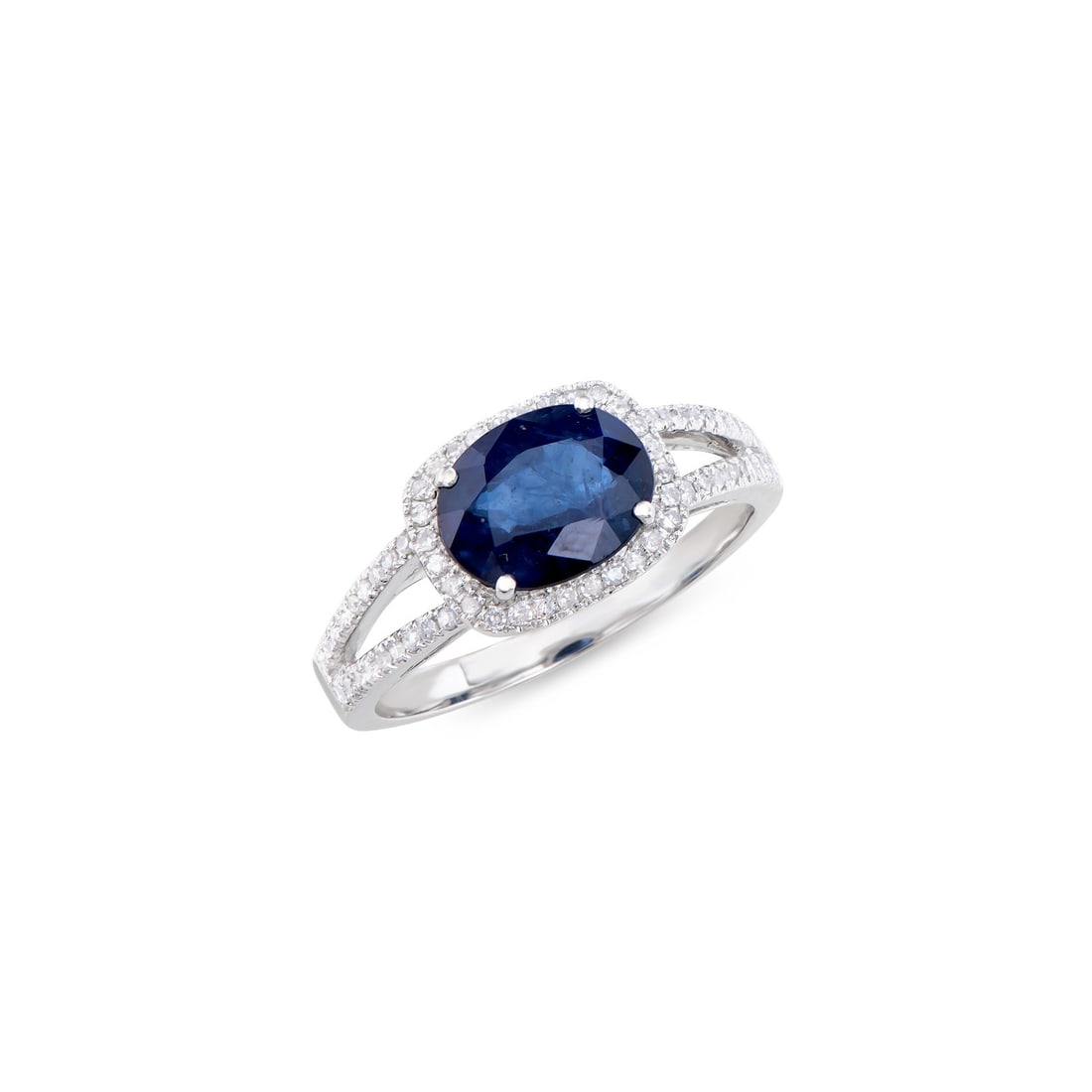 14KT White Gold 2.05ct Blue Sapphire and Diamond Ring: (1) Blue Sapphire with a total weight of 2.05cts. (64) round Diamonds with a total weight of 0.27cts with a color of H-I and clarity of I1-I2. Total weight of this ring is 2.60 grams. Ring size is 7.5