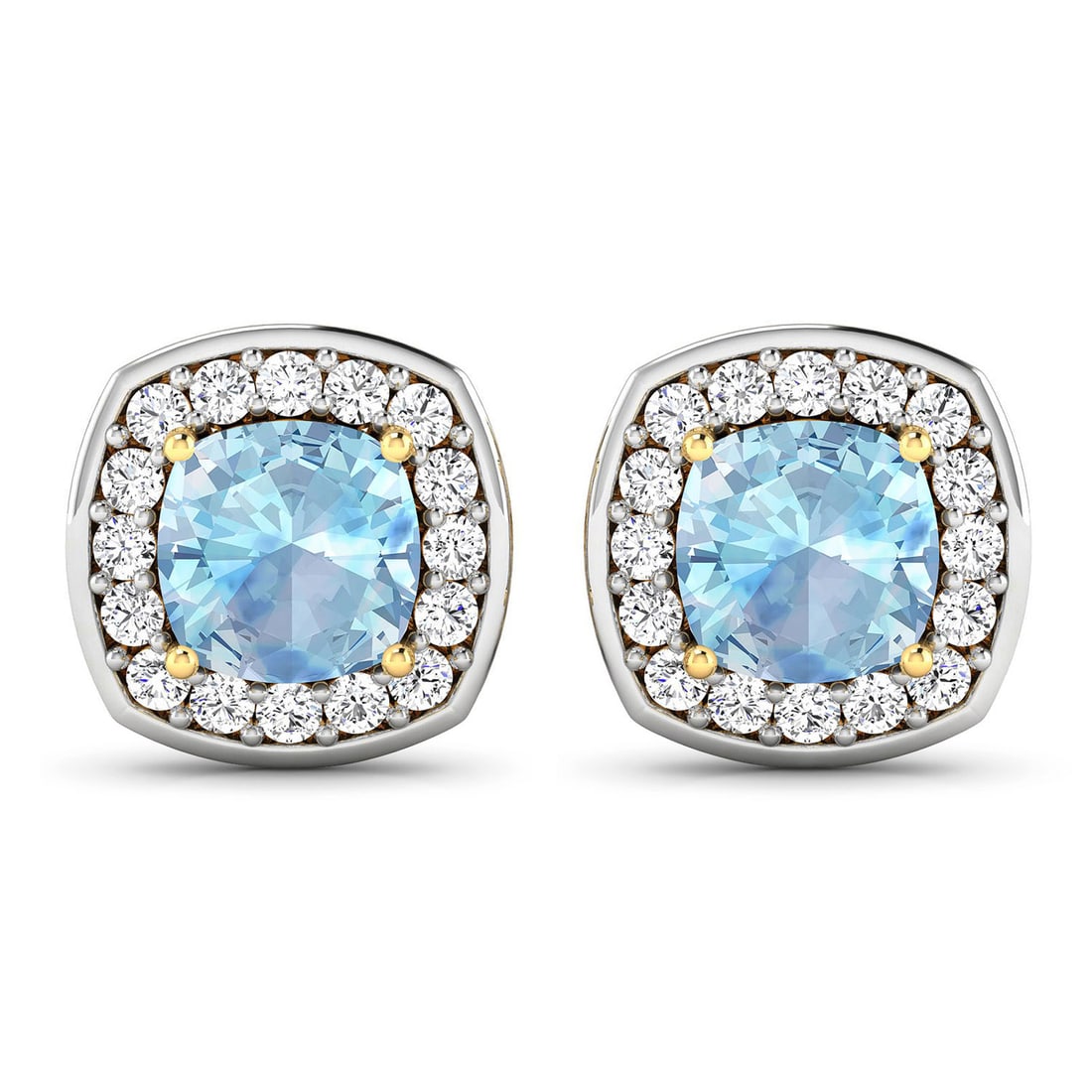 14KT Yellow Gold 1.95ctw Aquamarine and White Diamond Earrings: Aquamarine Cushion/6.00mm - 2/1.50 ctw Prong Setting Natural Heat Treated E + White Diamond Round/1.50mm - 32/0.45 ctw Natural Not Treated N I-J I2-I3 Total weight of 2.96 grams.