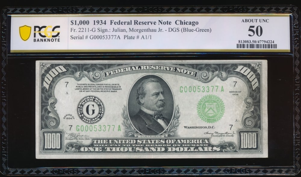 1934 $1000 Chicago FRN PCGS 50: One 1934 $1000 Chicago FRN PCGS 50.