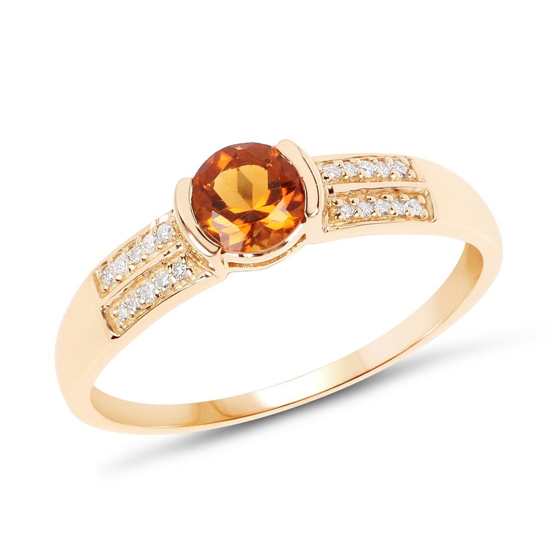 14KT Yellow Gold 0.51ctw Citrine and White Diamond Ring: Citrine Round/5.00mm - 1/0.45 ctw Natural Heat Treated N + White Diamond Round/0.80mm - 20/0.06 ctw Natural Not Treated N I I1-I2. Ring size 7. Total weight of 2.23 grams.