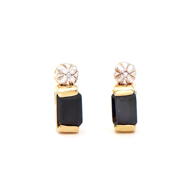 Plated 18KT Yellow Gold 1.32cts Sapphires and Diamond Earrings: One pair of Plated 18KT Yellow Gold 1.32cts Sapphires And Diamonds Earrings. (2) Black Sapphire stones with a total weight of 1.30cts. (2) diamonds with a total of 0.02cts with a color of H-I and clar
