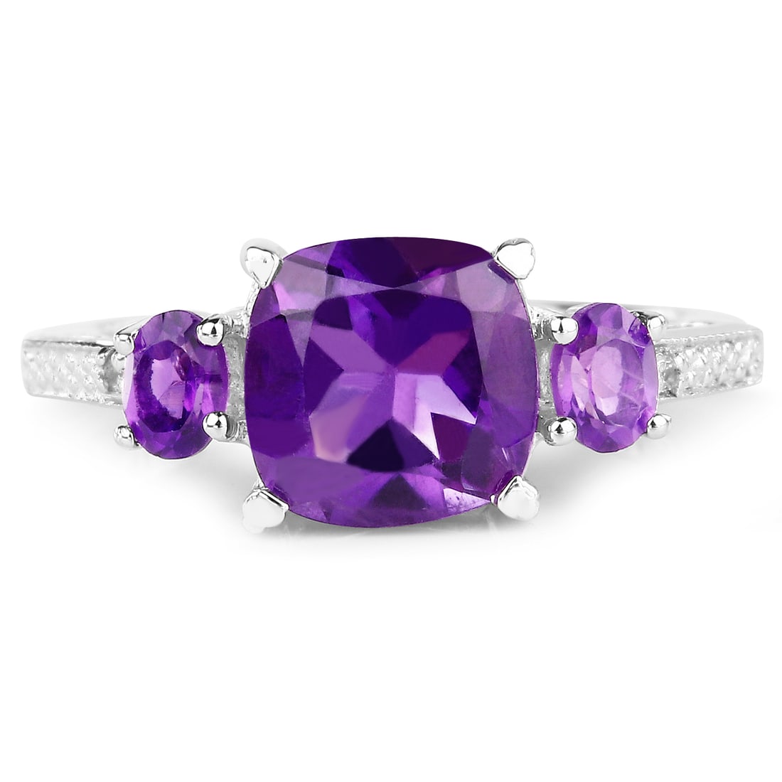 Plated Rhodium 2.37ctw Amethyst and White Topaz Ring: 2.38 Carat Genuine Amethyst & White Topaz.925 Sterling Silver Ring. Amethyst Cushion/8.00mm - 1/2.05 ctw Natural Not Treated E + Amethyst Oval/4x3mm - 2/0.32 ctw Natural Not Treated E + White Topaz Ro