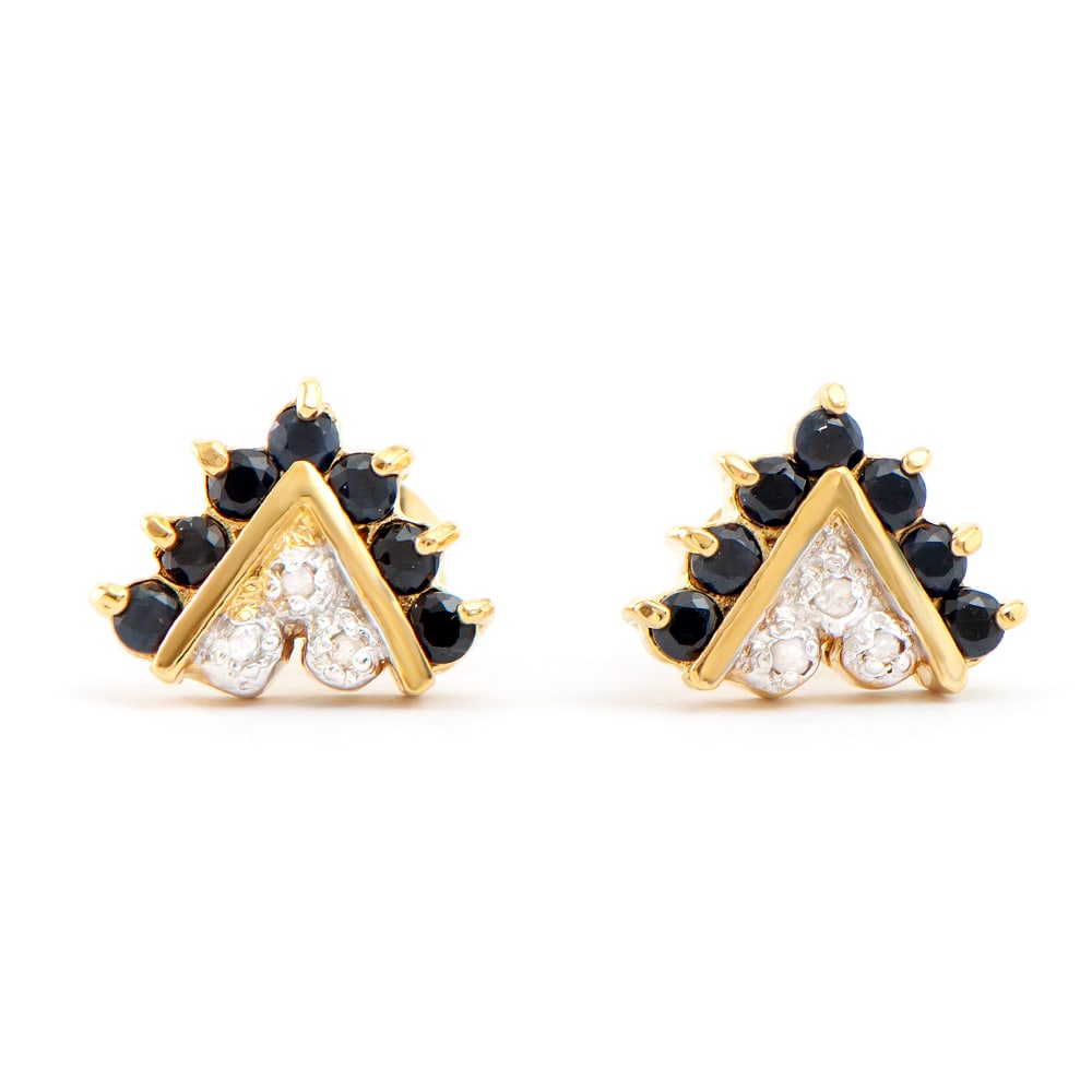 Plated 18KT Yellow Gold 0.65ctw Black Sapphire and Diamond Earrings: One pair of Plated 18KT Yellow Gold 0.65ctw Black Sapphire and Diamond Earrings. (14) Black Sapphires with a total weight of 0.65cts. Diamonds with a total weight of 0.05cts with a color of I-J and wi