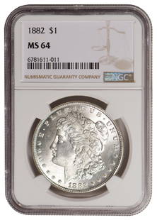 1882 $1 Morgan Silver Dollar NGC MS64: One 1882 $1 Morgan Silver Dollar NGC MS64.
