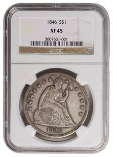 1846 $1 Liberty Seated Dollar NGC XF45: One 1846 $1 Liberty Seated Dollar NGC XF45.